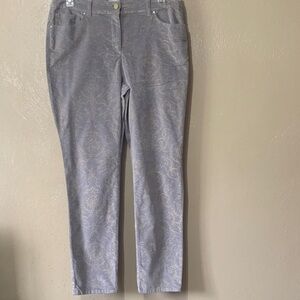 Chico’s size 1.5 Gray Gold Metallic Paisley Stretch Pants Pockets NWT